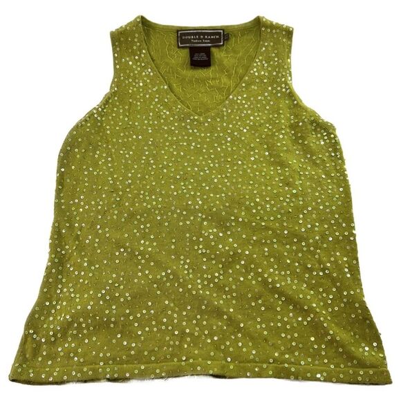 Double D Ranch Sequin Tank Top Linen Knit Blend Sleeveless V-Neck Green XS - Picture 1 of 9